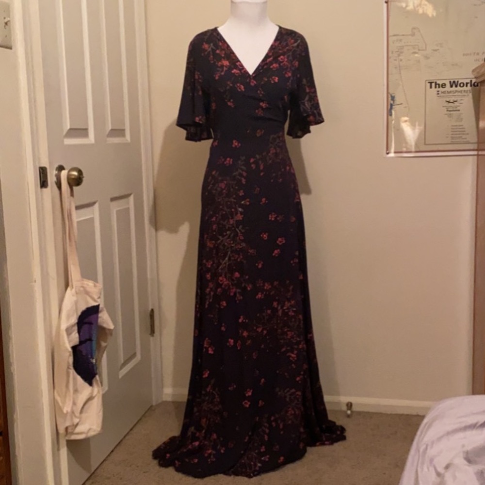 Black floral maxi wrap dress with flutter sleeves